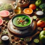 Bol de soupe accompagné d'agrumes, de fruits à coque, d'épices et d'ustensiles de cuisine sur une table en bois, représentant les bienfaits d'une alimentation diversifiée
