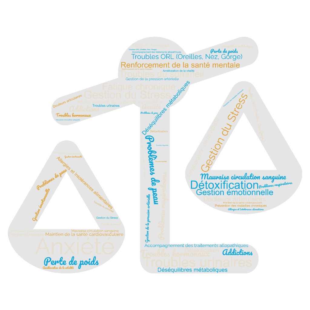 Nuage de mots : dysfonctionnements et troubles traités par la naturopathie